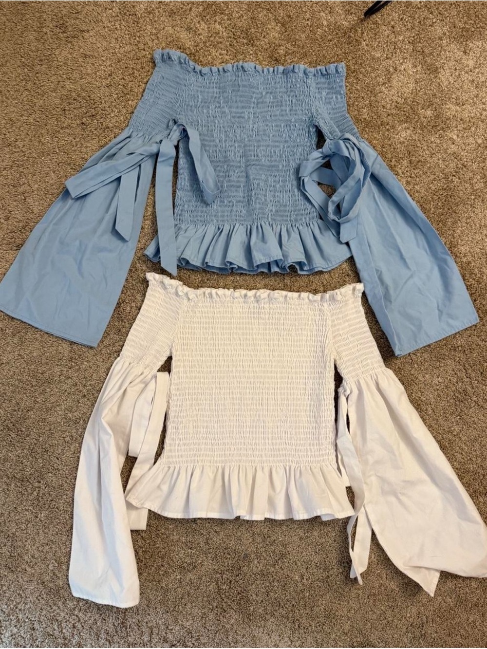 Rue21 Smocked Off-Shoulder Peasant Tops in Light Blue and White